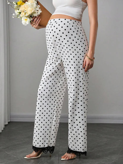 Maternity Polka Dot Straight Leg Pants - High Waist, Contrast Lace Trim, Long, Multicolor