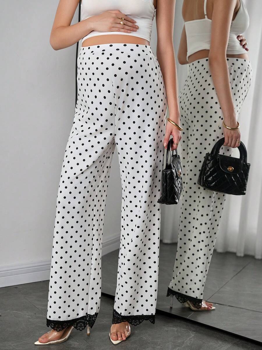 Maternity Polka Dot Straight Leg Pants - High Waist, Contrast Lace Trim, Long, Multicolor