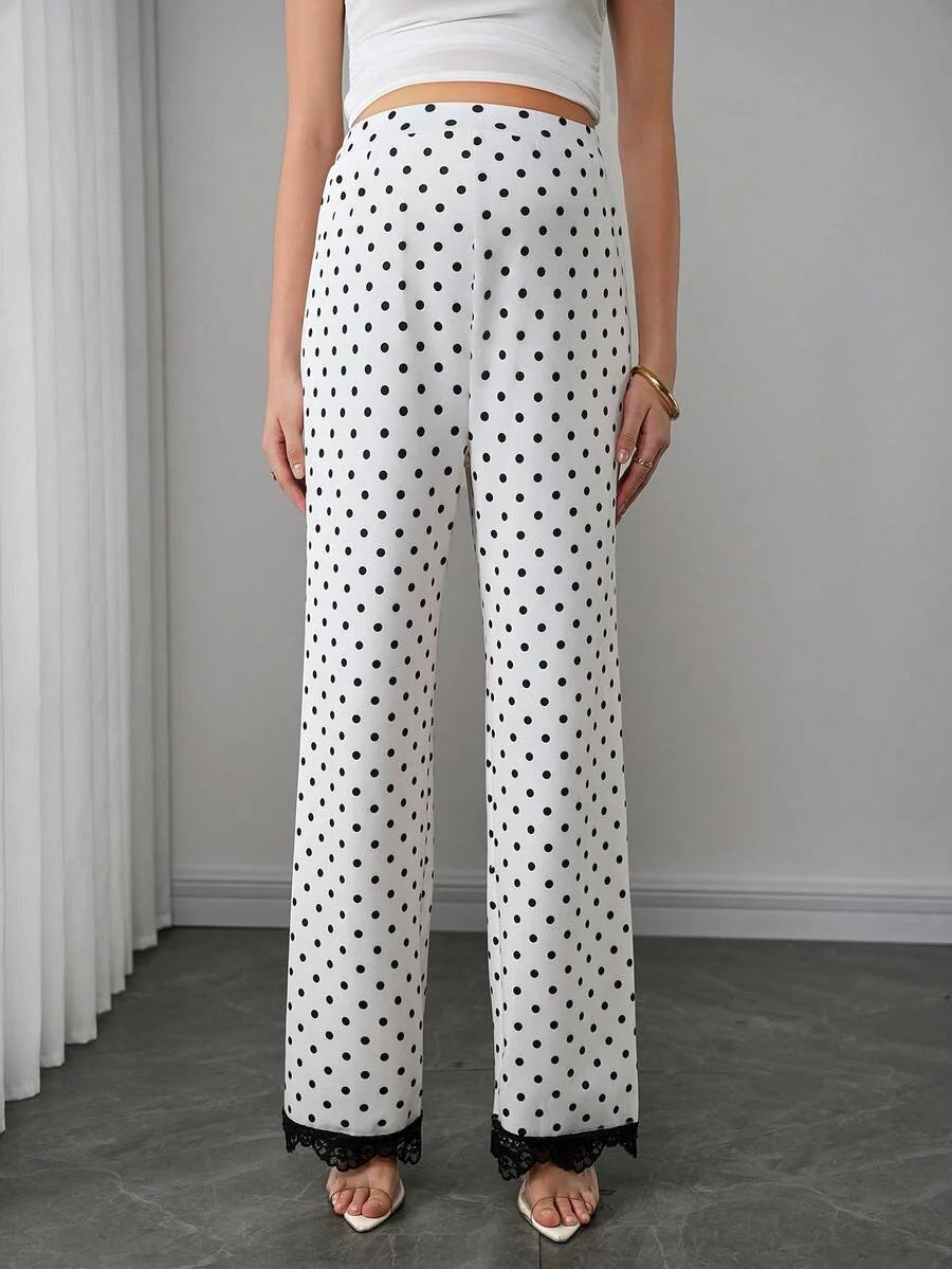 Maternity Polka Dot Straight Leg Pants - High Waist, Contrast Lace Trim, Long, Multicolor