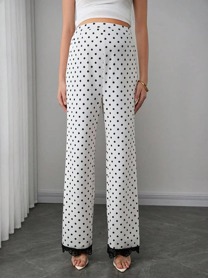 Maternity Polka Dot Straight Leg Pants - High Waist, Contrast Lace Trim, Long, Multicolor