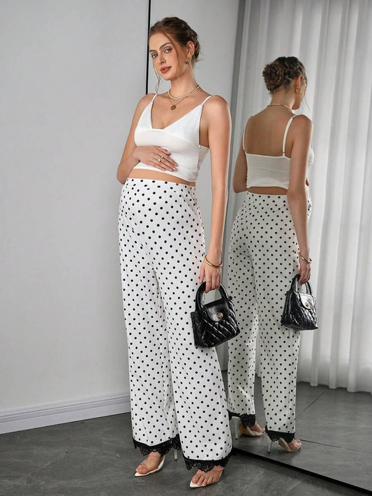 Maternity Polka Dot Straight Leg Pants - High Waist, Contrast Lace Trim, Long, Multicolor