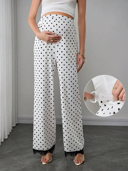 Maternity Polka Dot Straight Leg Pants - High Waist, Contrast Lace Trim, Long, Multicolor