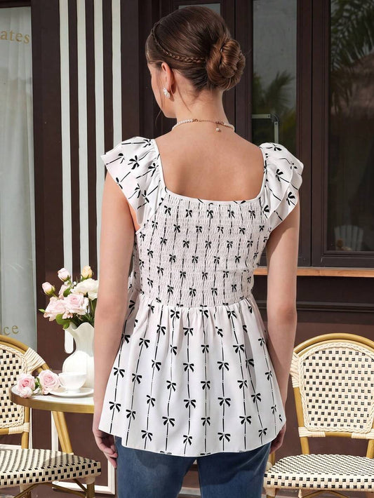 Maternity Printed Peplum Blouse - Scoop Neck, Cap Raglan Sleeve, Shirred, Slim Fit, Black and White