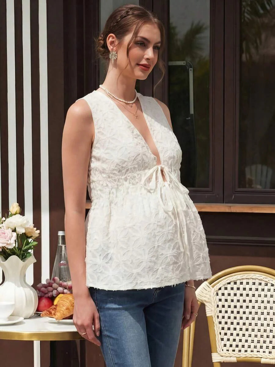 Maternity Floral Tank Top - Cardigan Collar, Tie Front, Flared Hem, Regular Fit, Apricot
