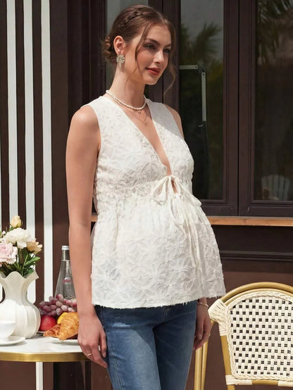 Maternity Floral Tank Top - Cardigan Collar, Tie Front, Flared Hem, Regular Fit, Apricot