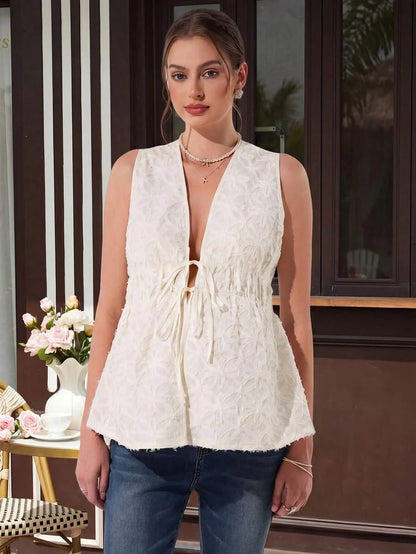 Maternity Floral Tank Top - Cardigan Collar, Tie Front, Flared Hem, Regular Fit, Apricot
