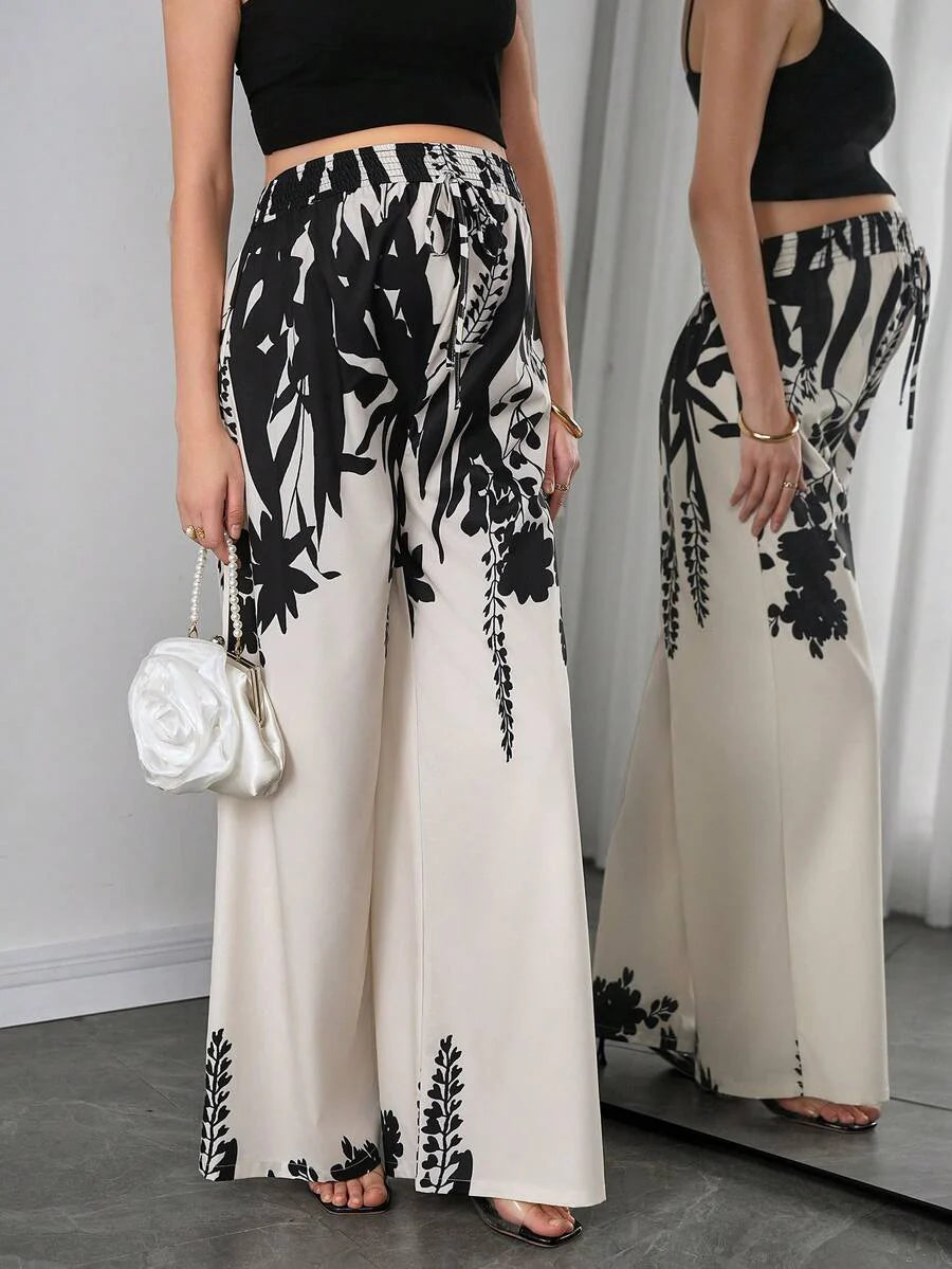 Maternity Printed Wide Leg Pants - Elastic Waist, Shirred, Natural Waist, Multicolor