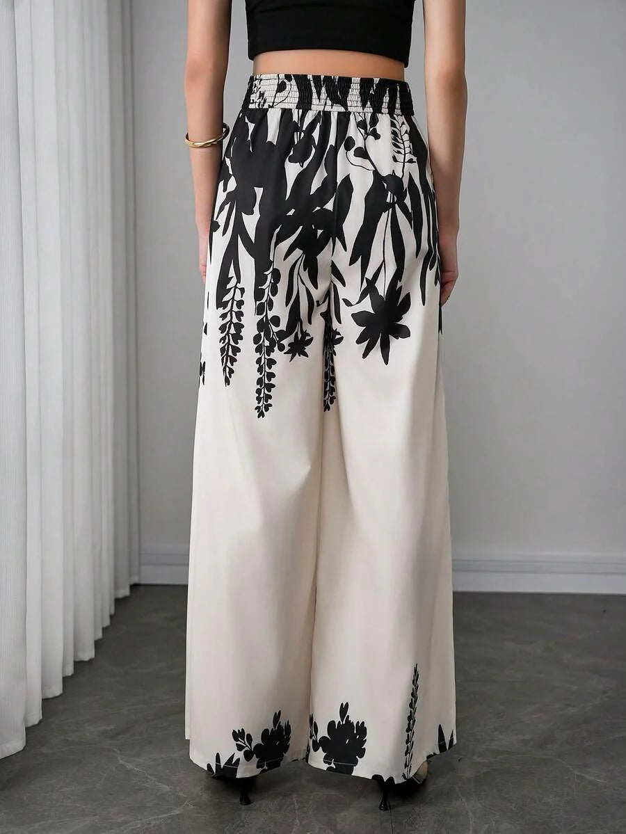 Maternity Printed Wide Leg Pants - Elastic Waist, Shirred, Natural Waist, Multicolor