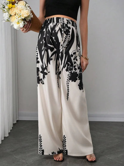 Maternity Printed Wide Leg Pants - Elastic Waist, Shirred, Natural Waist, Multicolor