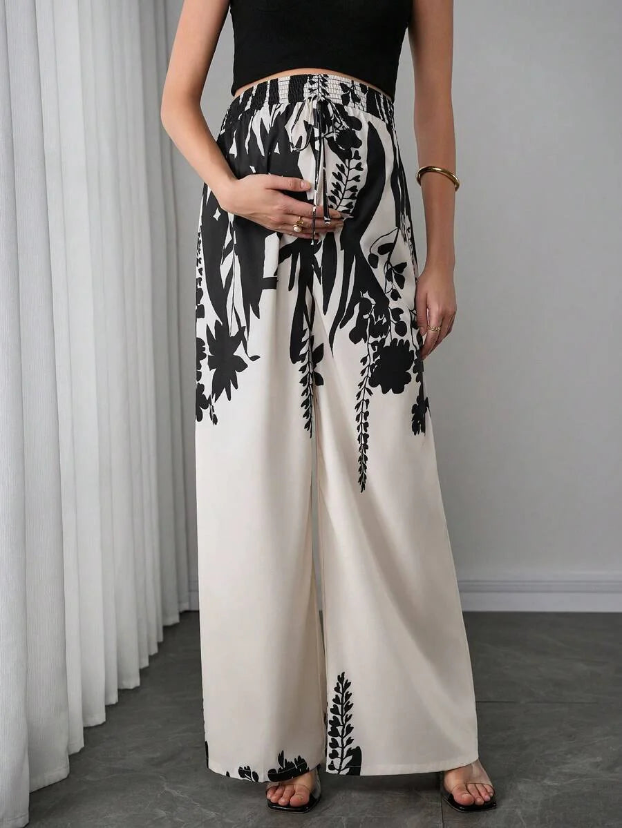 Maternity Printed Wide Leg Pants - Elastic Waist, Shirred, Natural Waist, Multicolor