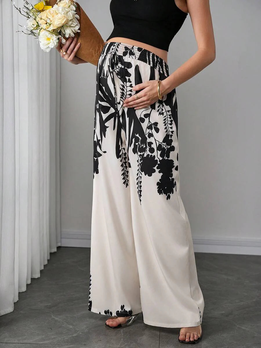 Maternity Printed Wide Leg Pants - Elastic Waist, Shirred, Natural Waist, Multicolor