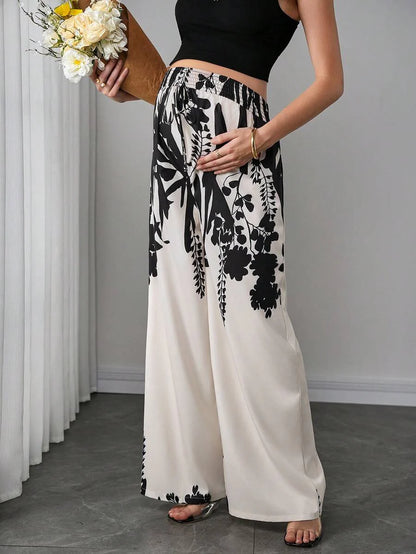 Maternity Printed Wide Leg Pants - Elastic Waist, Shirred, Natural Waist, Multicolor