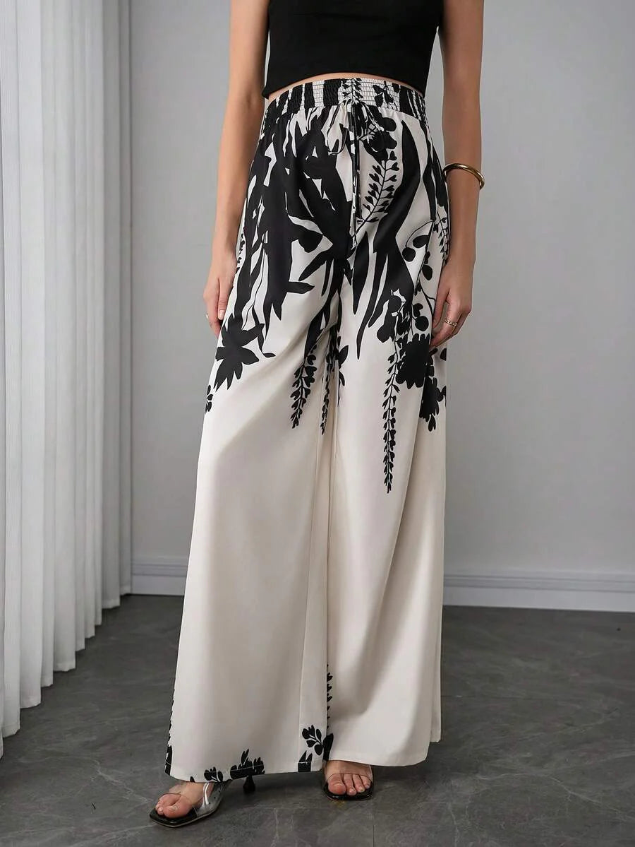Maternity Printed Wide Leg Pants - Elastic Waist, Shirred, Natural Waist, Multicolor