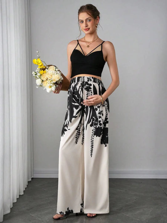 Maternity Printed Wide Leg Pants - Elastic Waist, Shirred, Natural Waist, Multicolor