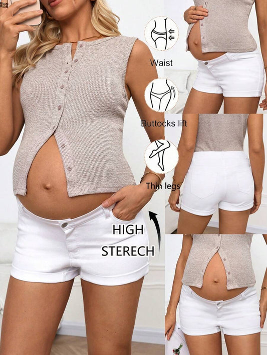 Blue Denim Cuffed Maternity Shorts with Pockets – Comfortable Over-the-Belly Summer Jean Shorts for Casual Vacation and Y2K Streetwear