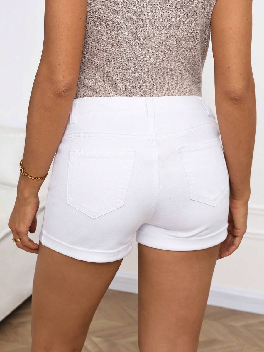 Blue Denim Cuffed Maternity Shorts with Pockets – Comfortable Over-the-Belly Summer Jean Shorts for Casual Vacation and Y2K Streetwear