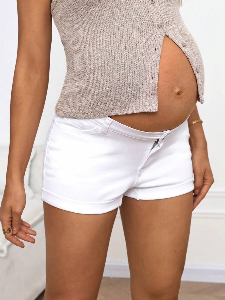 Blue Denim Cuffed Maternity Shorts with Pockets – Comfortable Over-the-Belly Summer Jean Shorts for Casual Vacation and Y2K Streetwear
