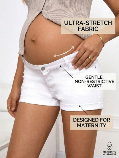 Blue Denim Cuffed Maternity Shorts with Pockets – Comfortable Over-the-Belly Summer Jean Shorts for Casual Vacation and Y2K Streetwear