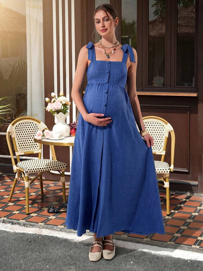 Blue Tie Shoulder Button Front Maternity Long Dress - Elegant Sleeveless High Waist Cami Dress - Summer Casual Flowy Shirred Maternity Gown