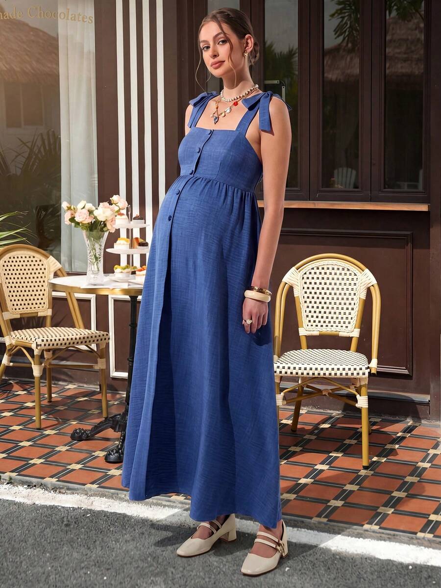 Blue Tie Shoulder Button Front Maternity Long Dress - Elegant Sleeveless High Waist Cami Dress - Summer Casual Flowy Shirred Maternity Gown