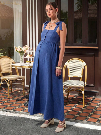 Blue Tie Shoulder Button Front Maternity Long Dress - Elegant Sleeveless High Waist Cami Dress - Summer Casual Flowy Shirred Maternity Gown
