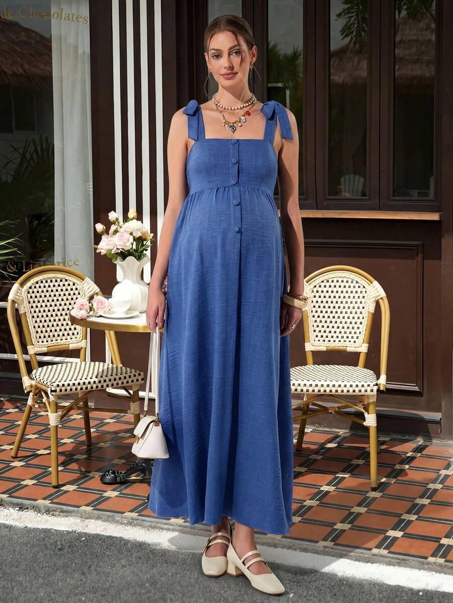 Blue Tie Shoulder Button Front Maternity Long Dress - Elegant Sleeveless High Waist Cami Dress - Summer Casual Flowy Shirred Maternity Gown