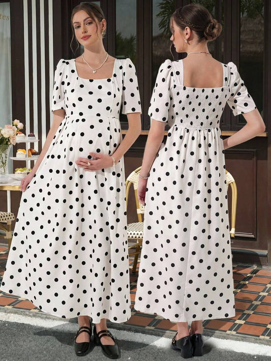 Maternity Polka Dot A-Line Midi Dress - Square Neck, Puff Half Sleeve, Ruffle Hem, Black and White