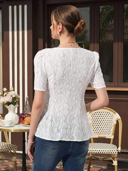 Maternity Textured Blouse - Square Neck, Puff Short Sleeve, Slim Fit, Flared Hem, White