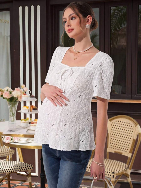 Maternity Textured Blouse - Square Neck, Puff Short Sleeve, Slim Fit, Flared Hem, White