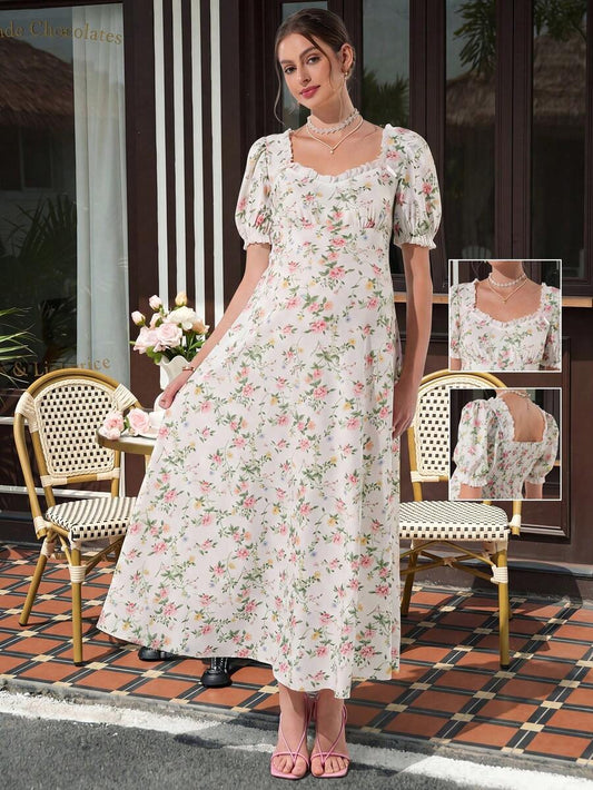 Maternity Ditsy Floral A-Line Swing Dress - Queen Anne Neckline, Puff Sleeve, Ruffle, Multicolor