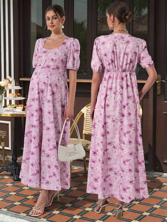 Maternity Floral A-Line Maxi Dress - Queen Anne Neckline, Puff Half Sleeve, Loose Fit, Pink