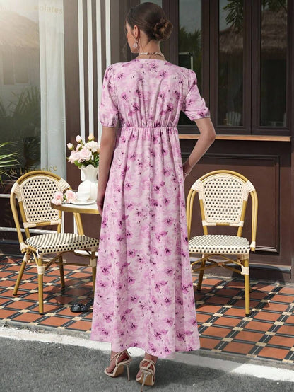Maternity Floral A-Line Maxi Dress - Queen Anne Neckline, Puff Half Sleeve, Loose Fit, Pink