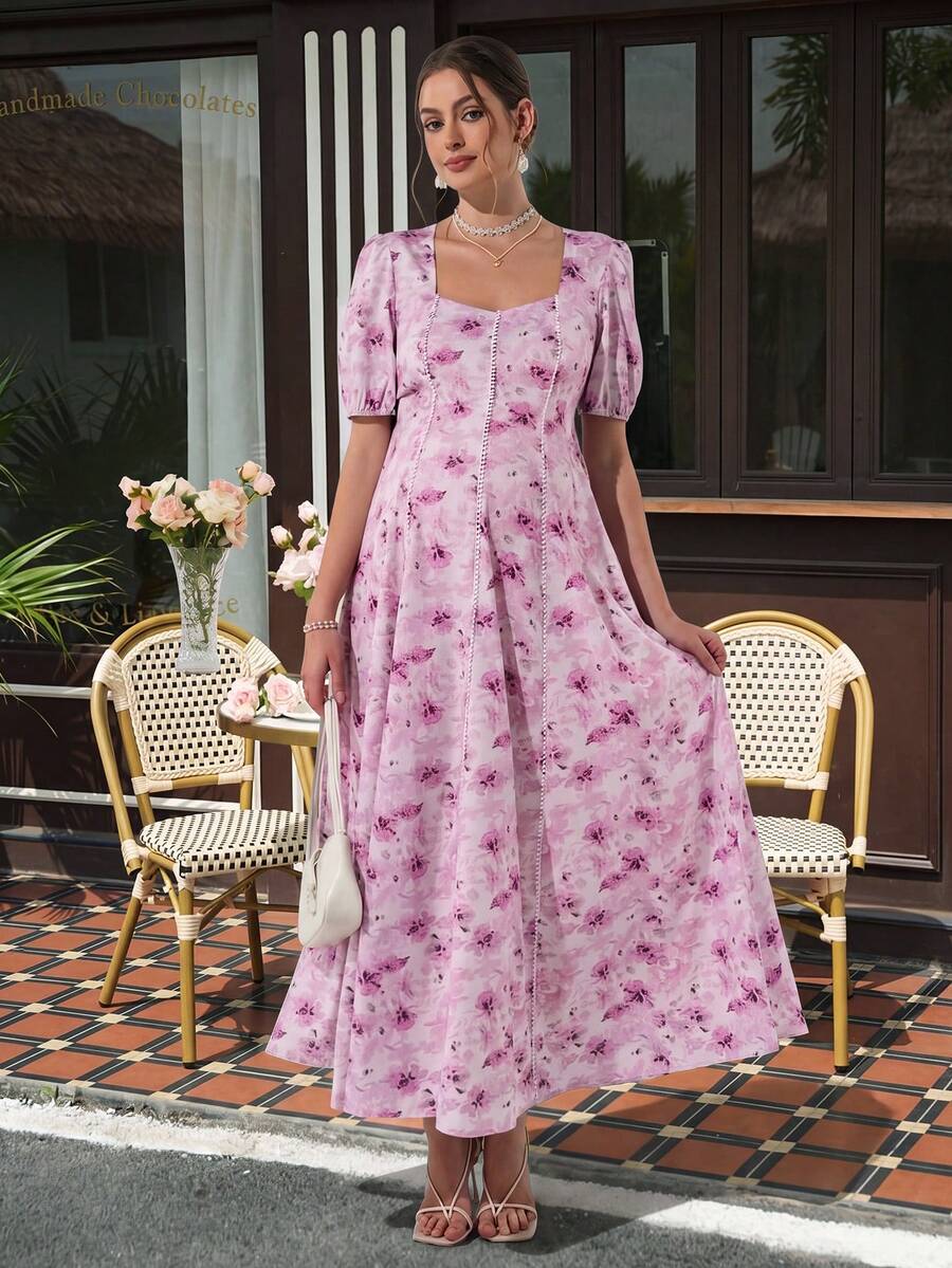 Maternity Floral A-Line Maxi Dress - Queen Anne Neckline, Puff Half Sleeve, Loose Fit, Pink