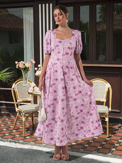 Maternity Floral A-Line Maxi Dress - Queen Anne Neckline, Puff Half Sleeve, Loose Fit, Pink