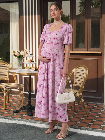 Maternity Floral A-Line Maxi Dress - Queen Anne Neckline, Puff Half Sleeve, Loose Fit, Pink