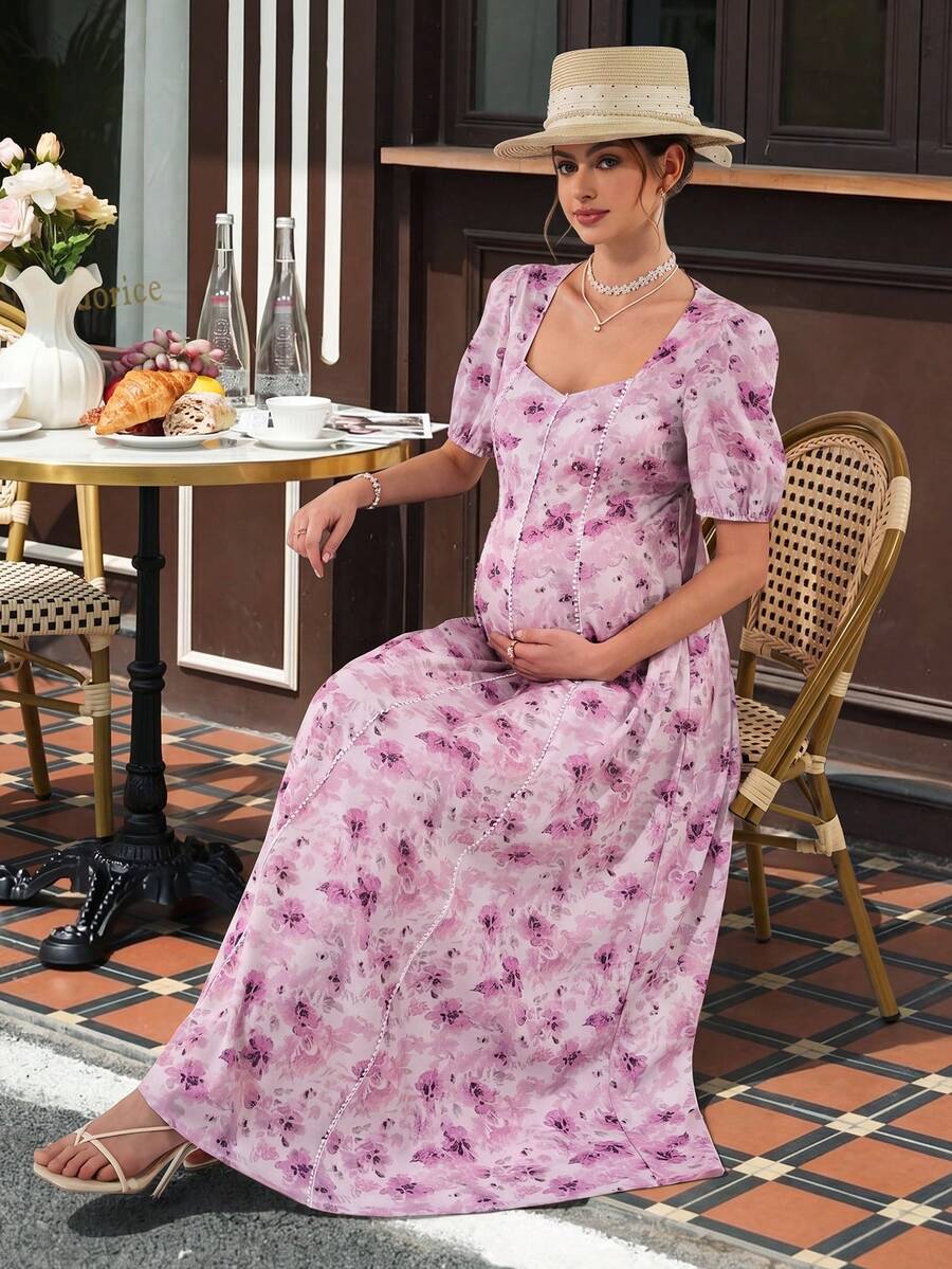 Maternity Floral A-Line Maxi Dress - Queen Anne Neckline, Puff Half Sleeve, Loose Fit, Pink