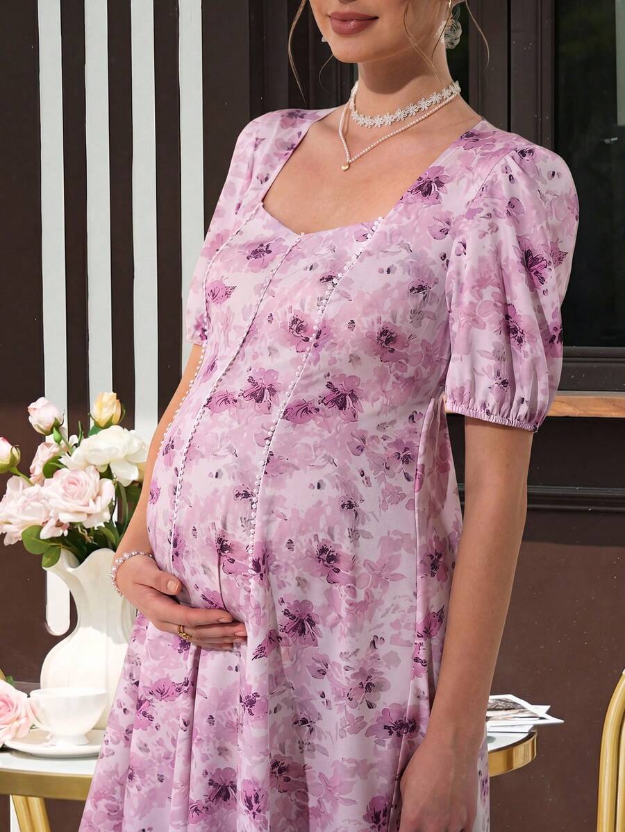 Maternity Floral A-Line Maxi Dress - Queen Anne Neckline, Puff Half Sleeve, Loose Fit, Pink