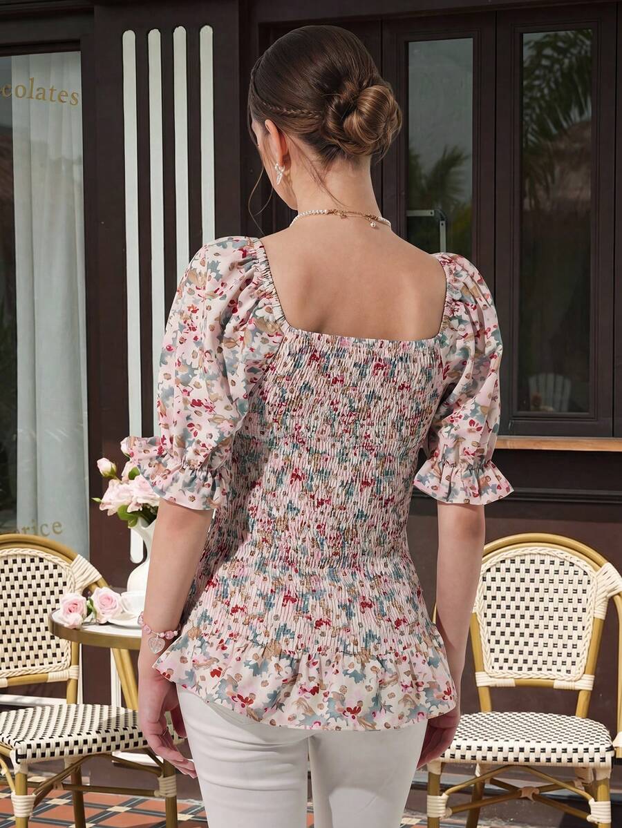 Maternity Floral Peplum Blouse - Square Neck, Bishop Short Sleeve, Shirred, Ruffle Hem, Multicolor