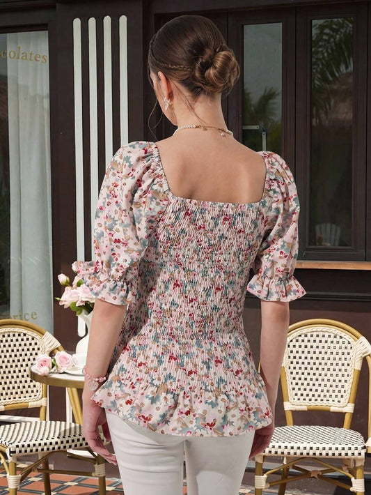 Maternity Floral Peplum Blouse - Square Neck, Bishop Short Sleeve, Shirred, Ruffle Hem, Multicolor