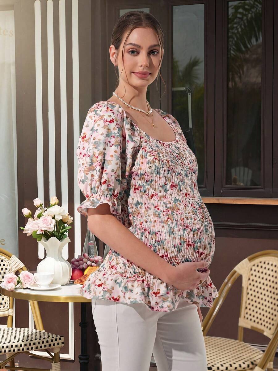 Maternity Floral Peplum Blouse - Square Neck, Bishop Short Sleeve, Shirred, Ruffle Hem, Multicolor