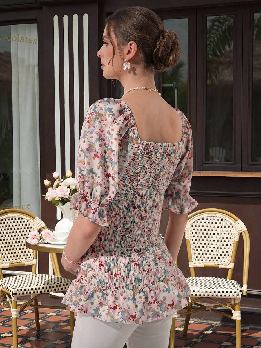 Maternity Floral Peplum Blouse - Square Neck, Bishop Short Sleeve, Shirred, Ruffle Hem, Multicolor