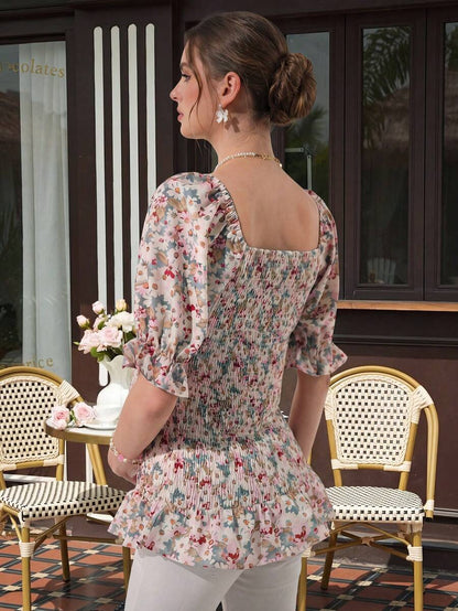 Maternity Floral Peplum Blouse - Square Neck, Bishop Short Sleeve, Shirred, Ruffle Hem, Multicolor