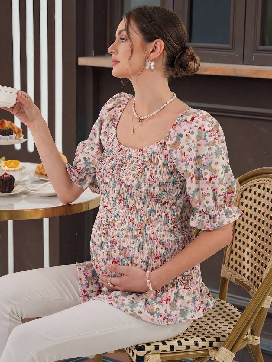 Maternity Floral Peplum Blouse - Square Neck, Bishop Short Sleeve, Shirred, Ruffle Hem, Multicolor