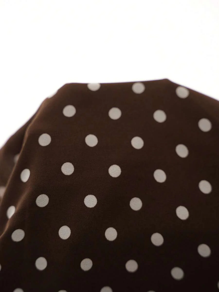Chocolate Brown Polka Dot Maternity Top with Tie Neck and Lace Up Details - Elegant Sleeveless Chiffon Blouse for Office and Business Casual