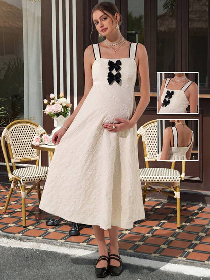 Maternity Cami Maxi Dress - Spaghetti Strap, Contrast Bow Decor, High Waist, Apricot