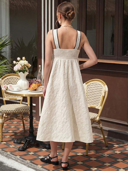 Maternity Cami Maxi Dress - Spaghetti Strap, Contrast Bow Decor, High Waist, Apricot