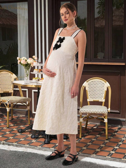 Maternity Cami Maxi Dress - Spaghetti Strap, Contrast Bow Decor, High Waist, Apricot