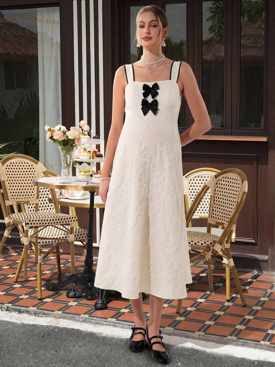 Maternity Cami Maxi Dress - Spaghetti Strap, Contrast Bow Decor, High Waist, Apricot