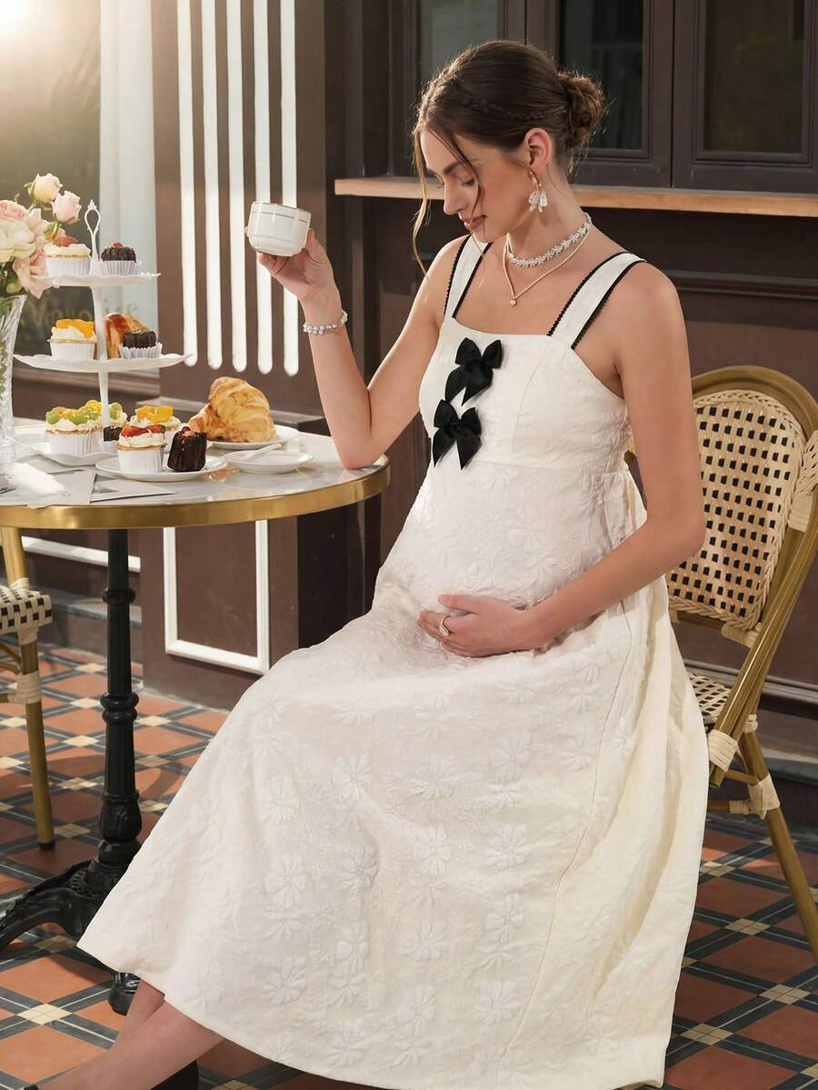 Maternity Cami Maxi Dress - Spaghetti Strap, Contrast Bow Decor, High Waist, Apricot