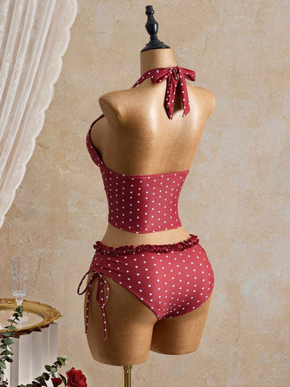 Women's 2-Piece Polka Dot Bikini Set - Ruffle Trim, Halter, Cropped Top, Black